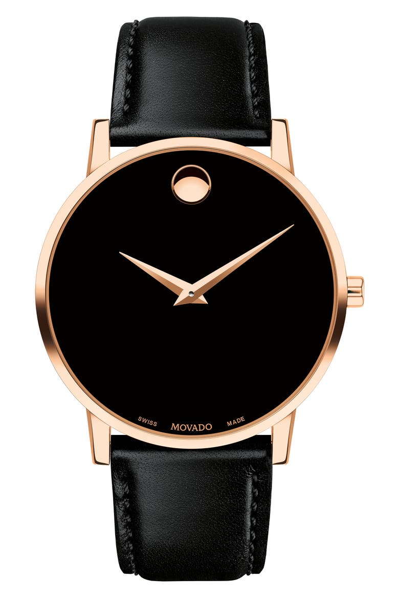 Leather Strap Watch, 42mm, Main, color, BLACK/ ROSE GOLD