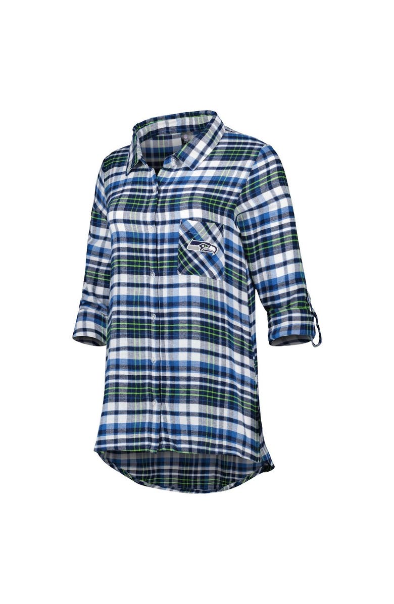 CONCEPTS SPORT Women's Concepts Sport College Navy Seattle Seahawks Mainstay Plaid Full-Button Long Sleeve Nightshirt, Alternate, color, Navy