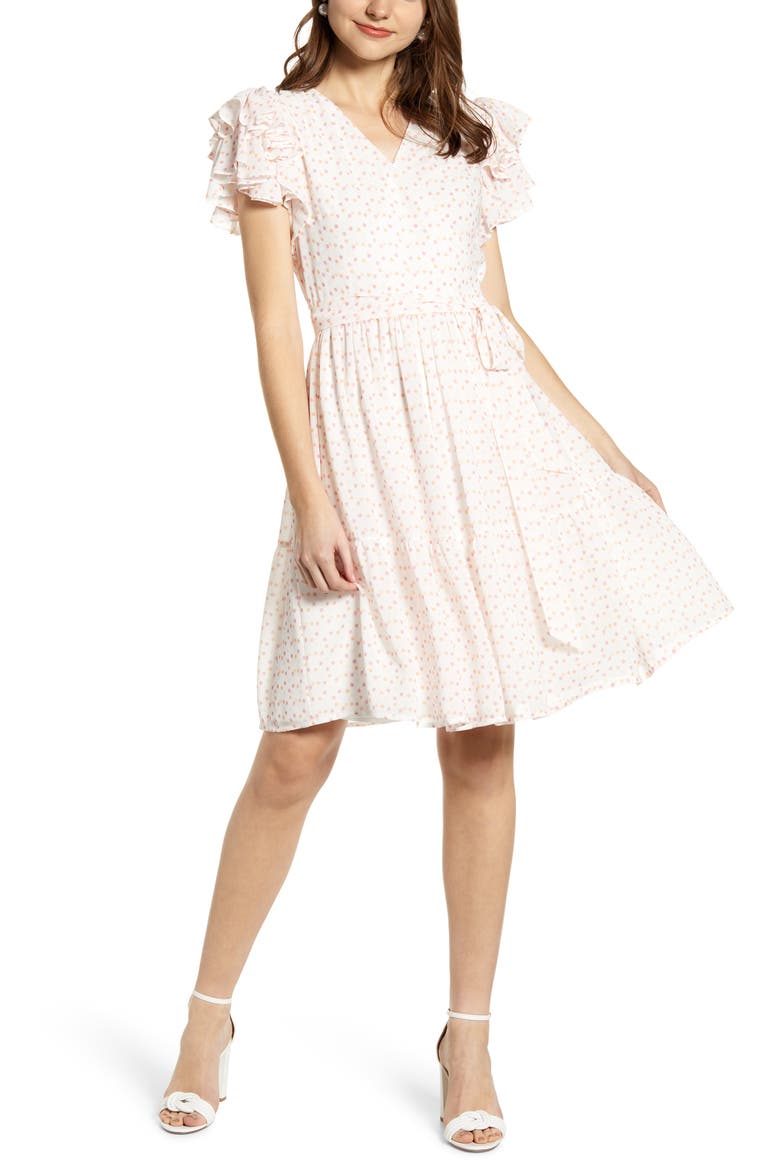 Tiered Ruffle Sleeve Dress, Main, color, WHITE PAINTED DOT