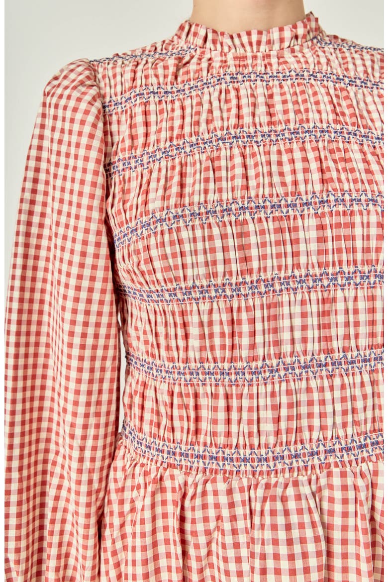 Gingham Smocked Long Sleeve Minidress, Alternate, color, DARK CHERRY