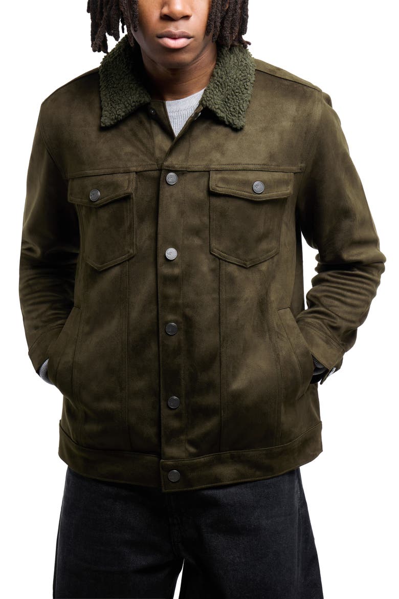 Faux Fur Collar Faux Suede Jacket, Alternate, color, OLIVE