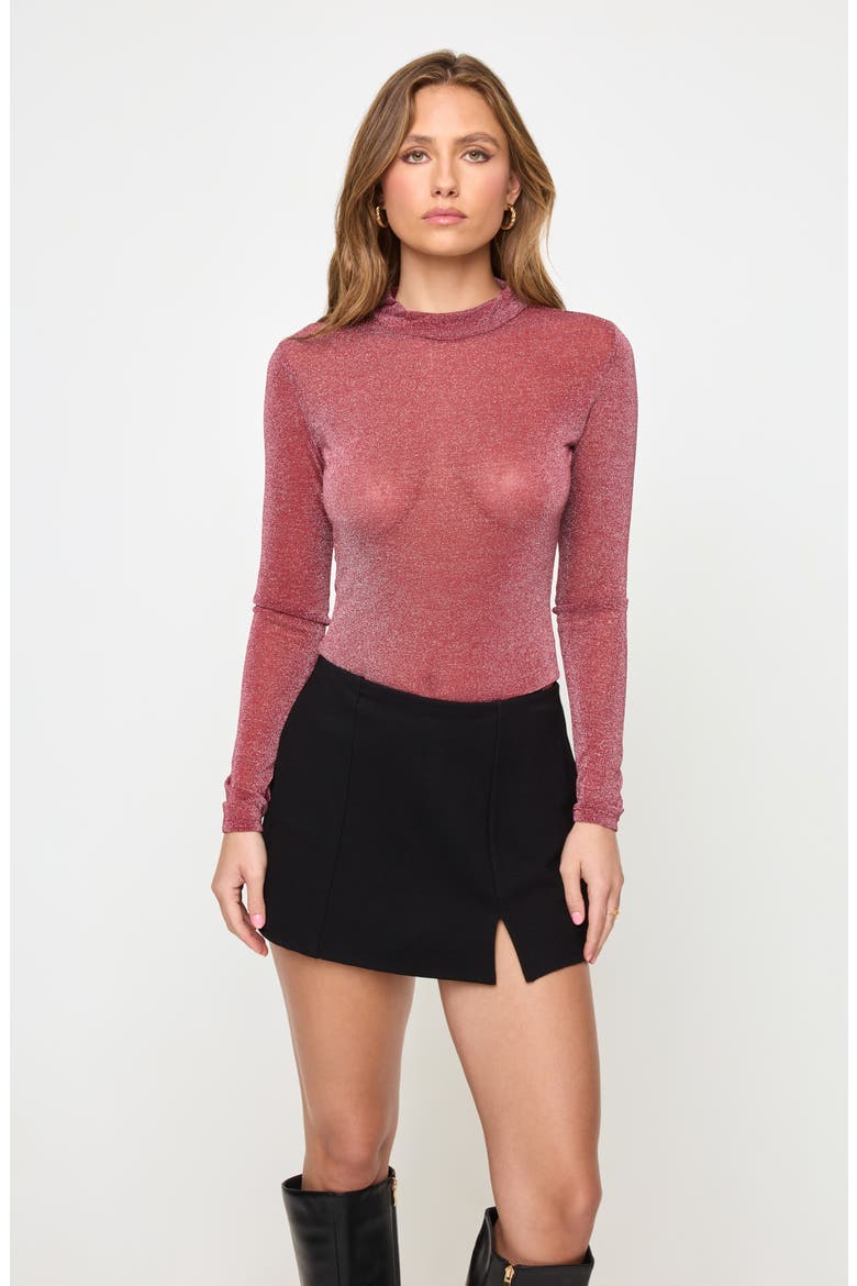Shimmer Mock Neck Long Sleeve Mesh Top, Alternate, color, SANGRIA