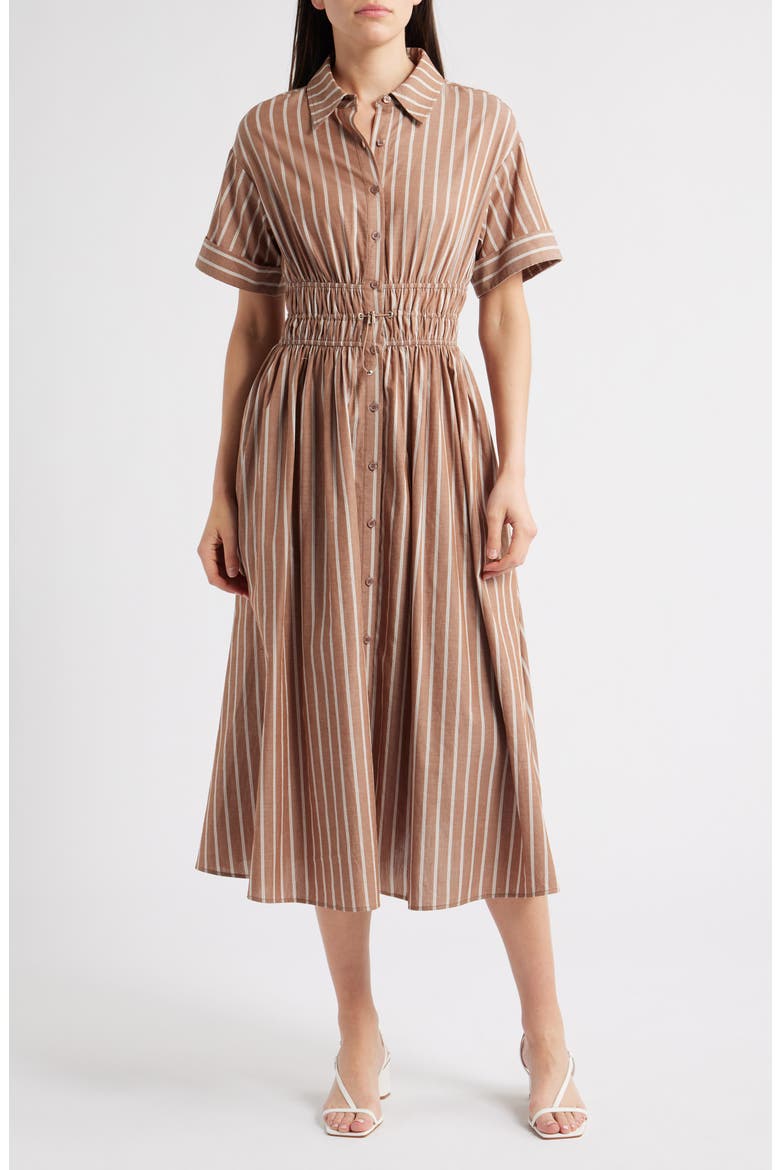 Stripe Cotton Midi Shirtdress, Main, color, BROWN TONAL STRIPE