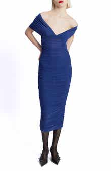 Vespera Off the Shoulder Mesh Midi Dress
