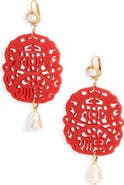 Kenneth Jay Lane Carved Stone Faux Pearl Drop Earrings