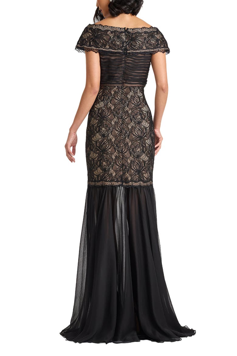 Off the Shoulder Mixed Media Lace Gown, Alternate, color, BLACK/ NUDE