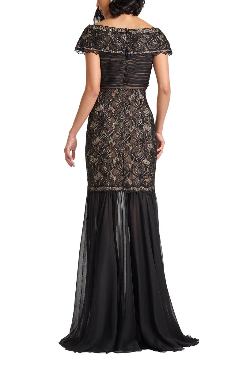 Tadashi Shoji Off the Shoulder Mixed Media Lace Gown, Alternate, color, Black/ Nude