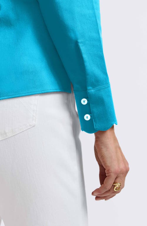 Foxcroft Bridget Scalloped Matte Sateen Button-up Shirt In Ibiza Turq
