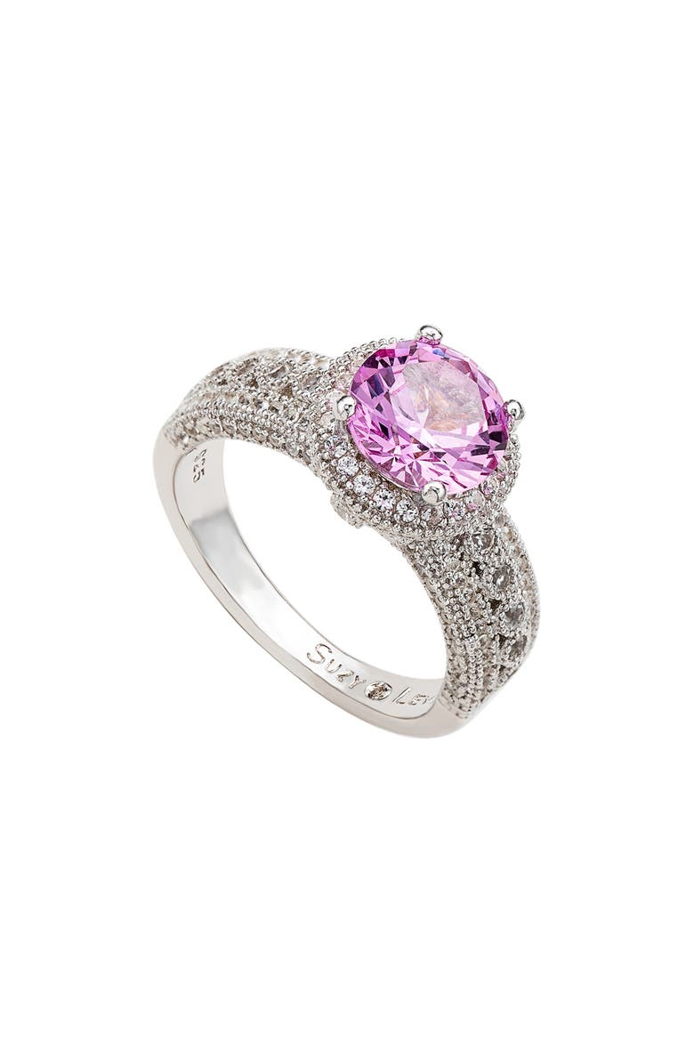 SUZY LEVIAN DIAMONDS Round Pink Sapphire & Pavé Lab Grown White Sapphire Ring, Alternate, color, Pink