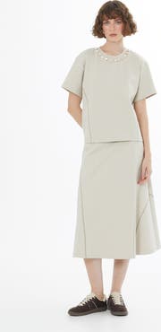 Gizia Beige Topstitched Embroidered T-Shirt