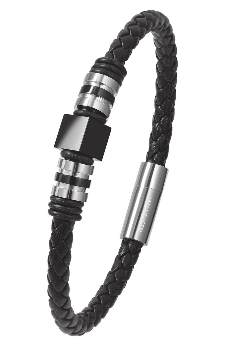 VAN HEUSEN Men's Ornament Leather Bracelet, Alternate, color, Black