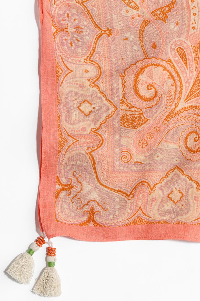 Printed Cotton Scarf, Alternate, color, Coral pink/paisley