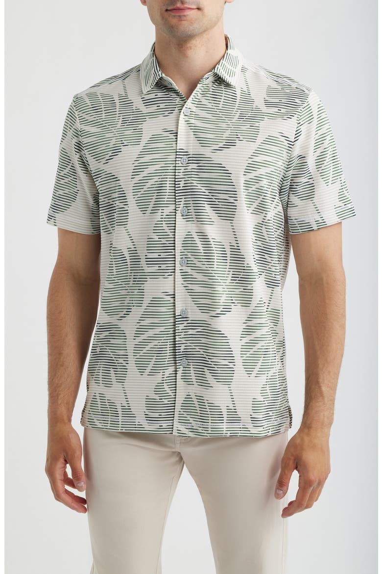 Costa Wave Monstera Mash Seersucker Stripe IslandZone® Short Sleeve Button-Up Shirt, Main, color, DARK JADE
