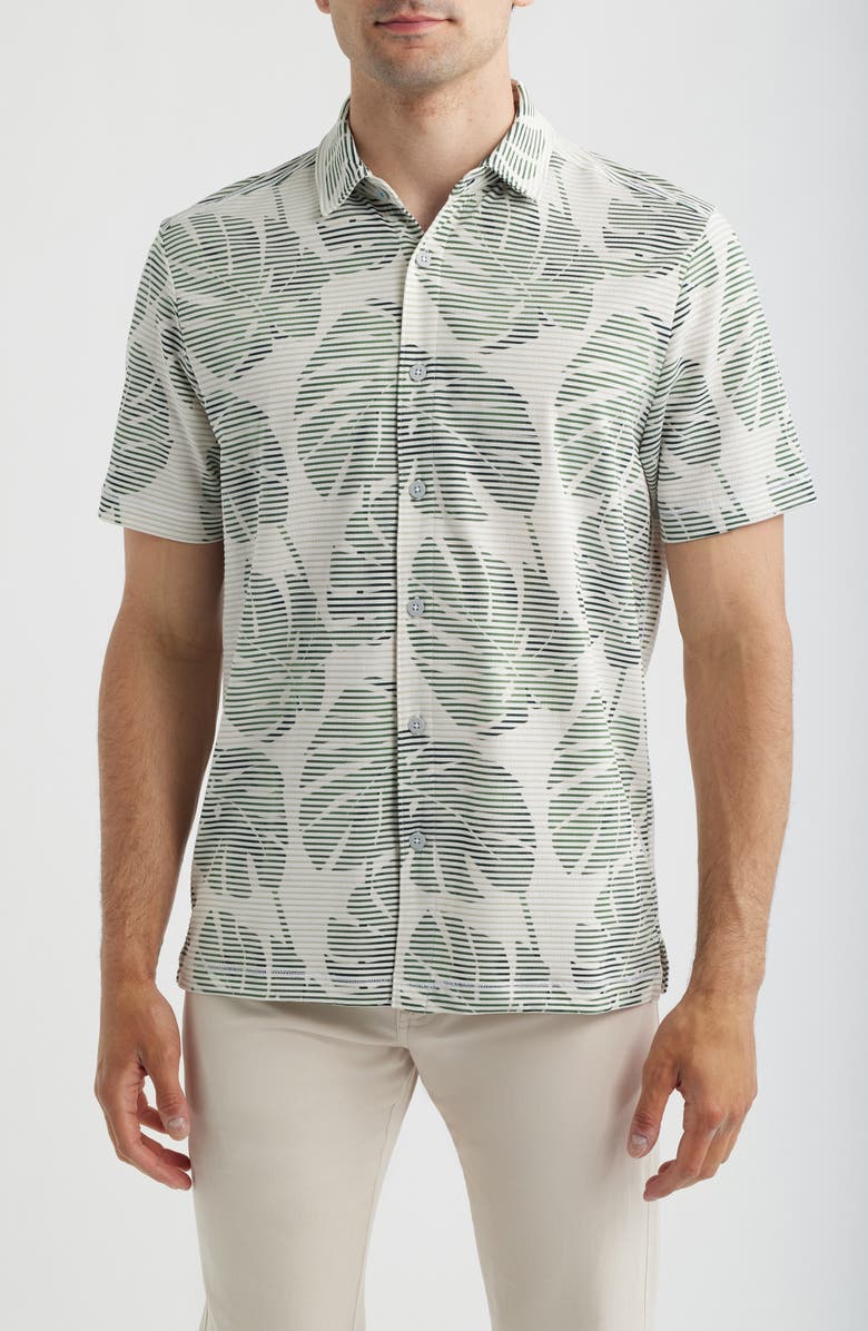 Tommy Bahama Costa Wave Monstera Mash Seersucker Stripe IslandZone<sup>®</sup> Short Sleeve Button-Up Shirt, Main, color, Dark Jade