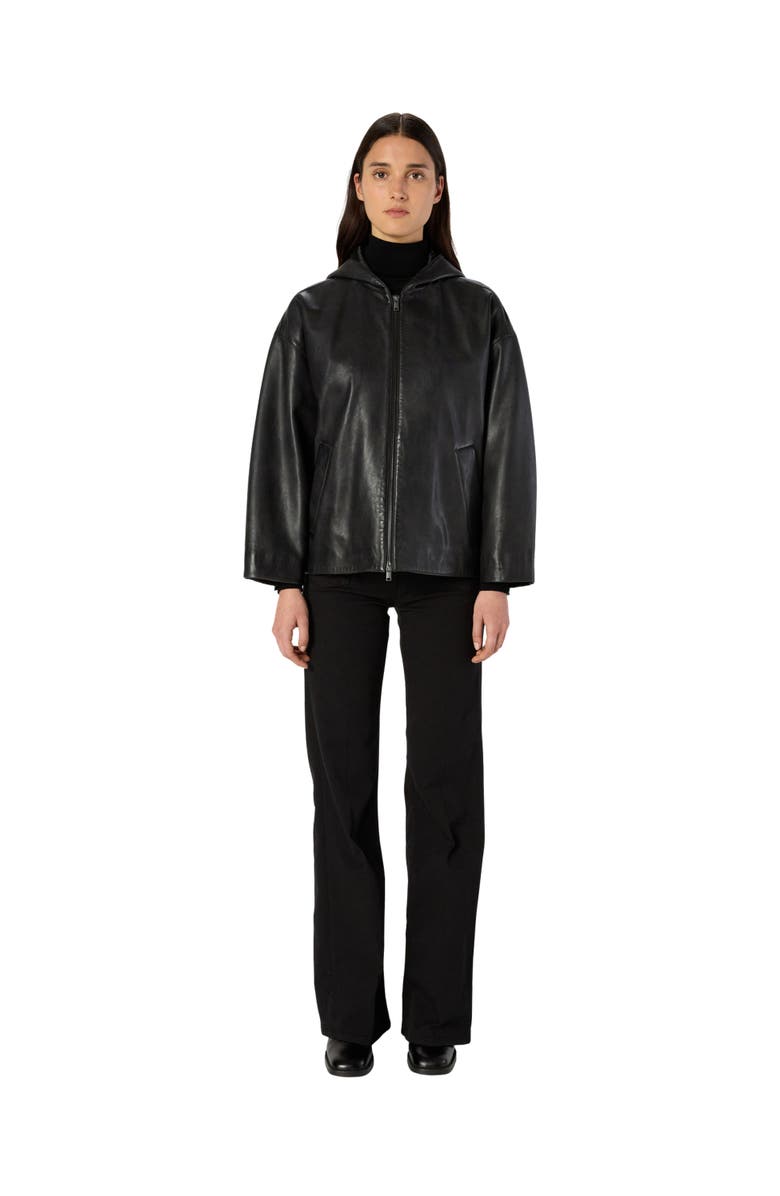 GERARD DAREL Nabila Hooded Leather Jacket, Alternate, color, Black