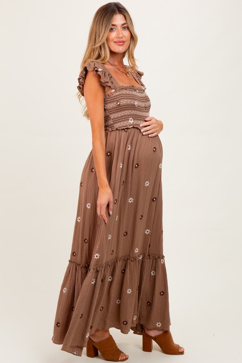 Floral Embroidered Smocked Maxi Dress, Alternate, color, Mocha