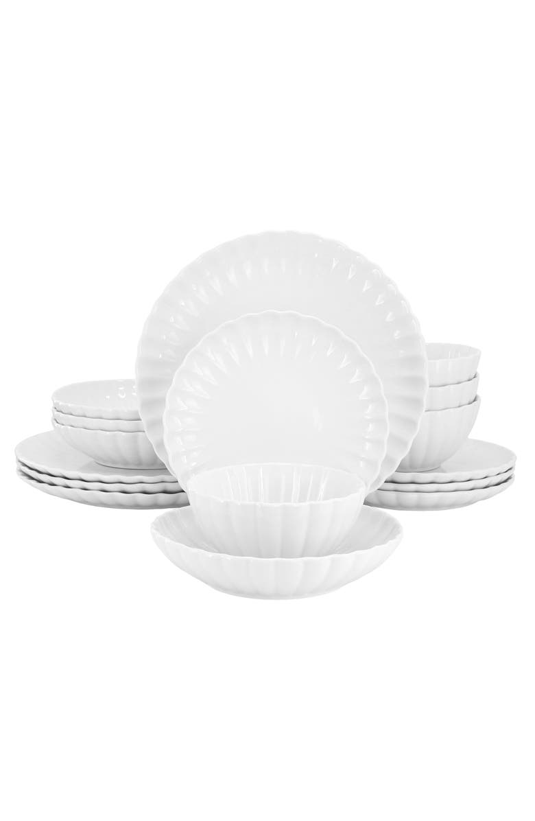 Elama Jane 16 Piece Scalloped Double Bowl Porcelain Dinnerware Set, Main, color, White