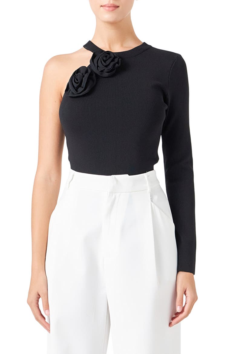 Rose One Shoulder Rib Top, Main, color, BLACK