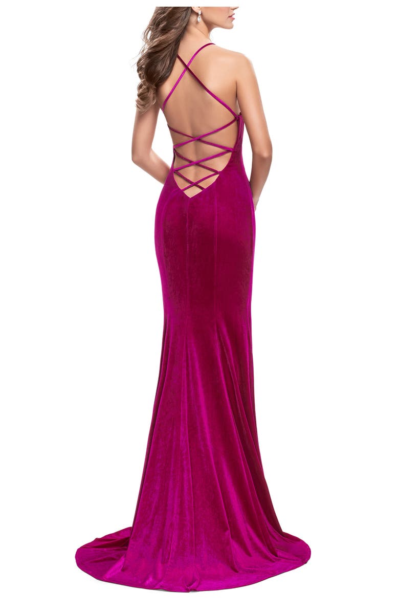 La Femme Strapless Velvet Mermaid Dress with Strappy Back, Alternate, color, Fuchsia
