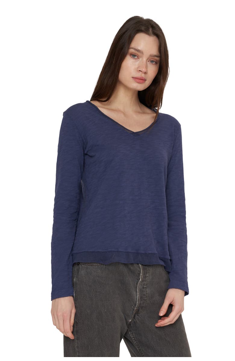 WILT Clothing V-Neck Long Sleeve Tulle Mixed Tee, Alternate, color, White