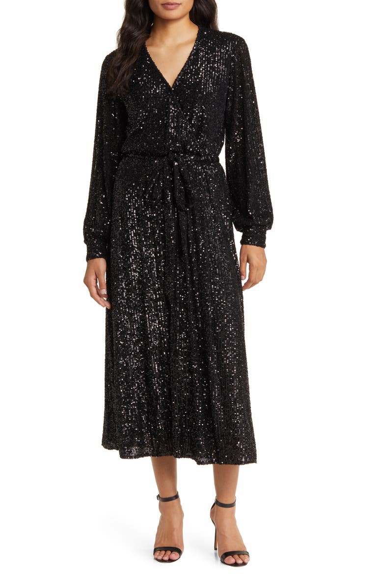 Sequin Long Sleeve Midi Dress, Main, color, ANNE BLACK