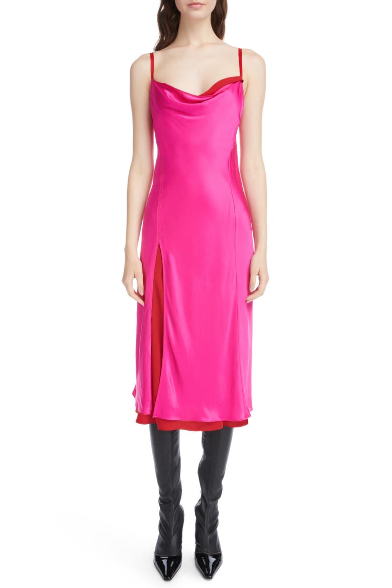 Dasa Layered Cowl Neck Satin Slipdress, Main, color, FUCHSIA PINK