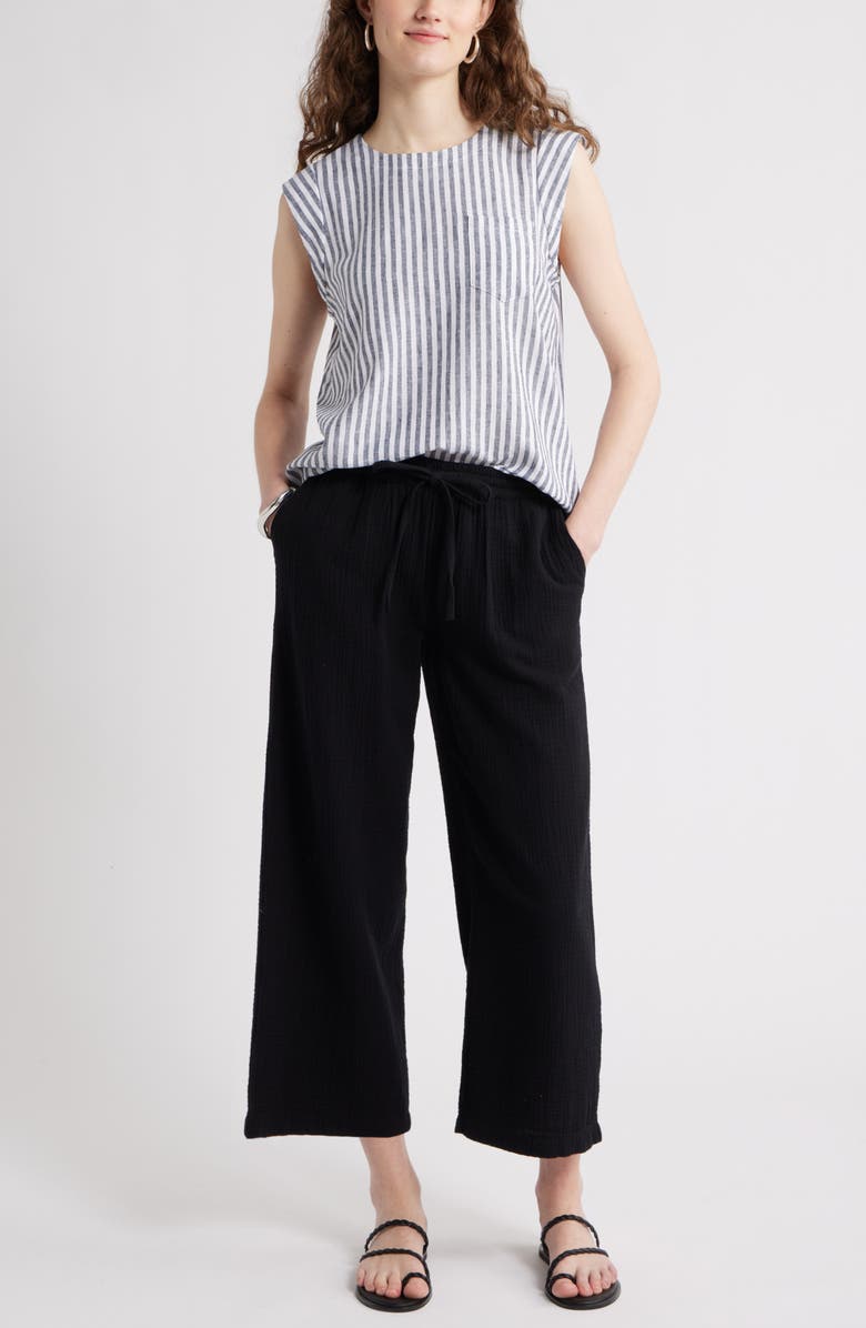 Caslon<sup>®</sup> Wide Leg Crop Cotton Gauze Pants, Alternate, color, Black