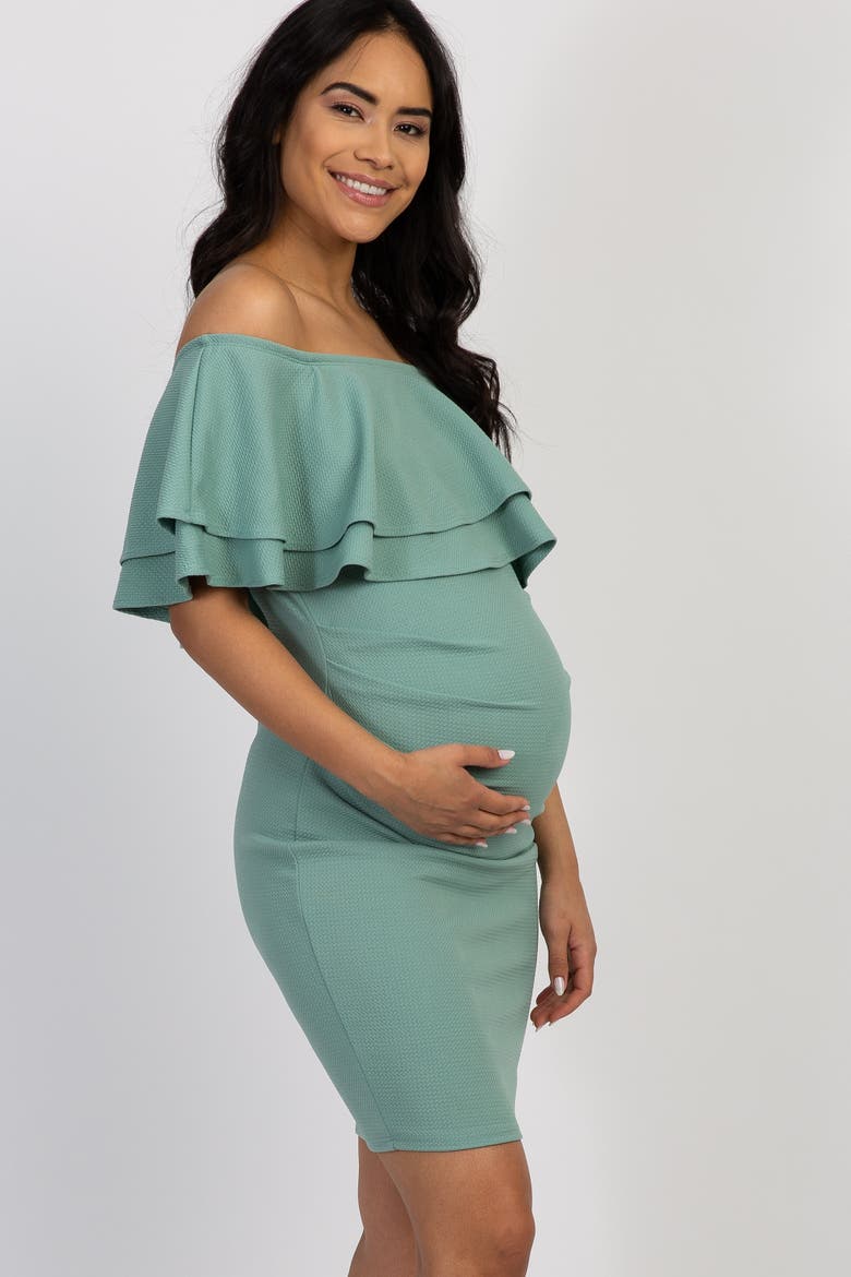 Off Shoulder Fitted Maternity Dress, Alternate, color, Light Olive
