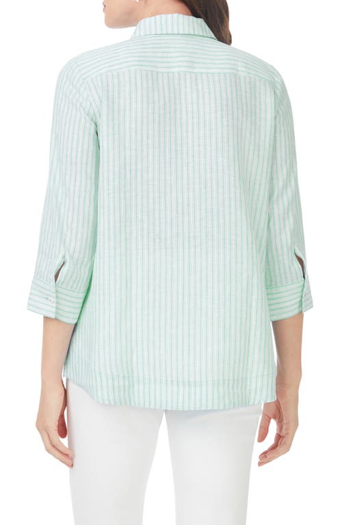 Foxcroft Harley Stripe Linen Button-up Shirt In Sea Mist