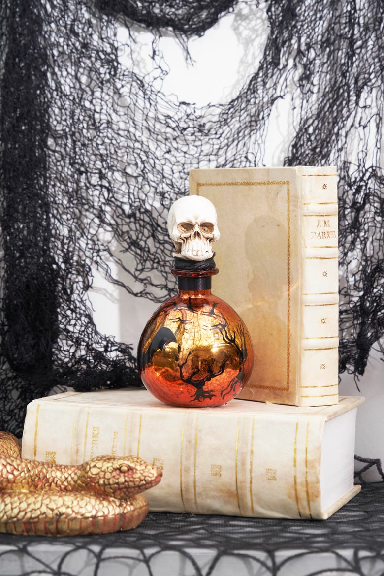 Amber Skull Decorative Glass Bottle Figurine 5" x 7", Alternate, color, Yellow