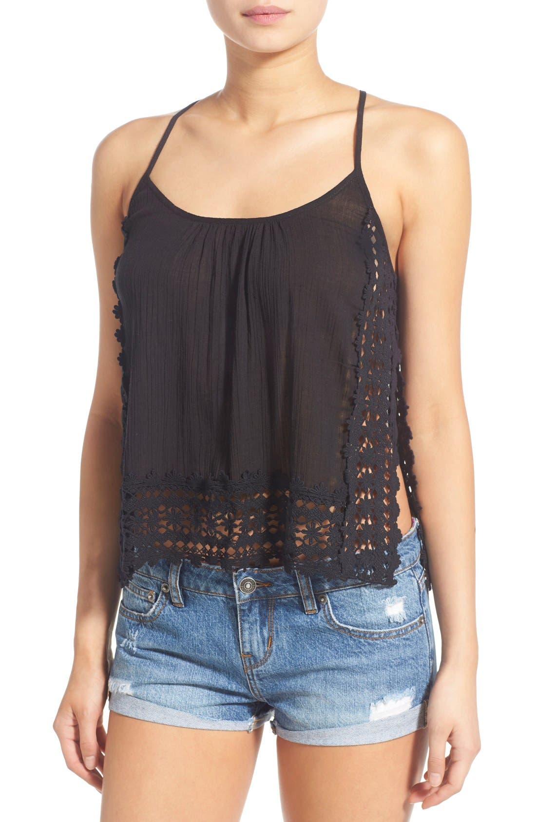Rip Curl Lace Crochet Trim Side Split Cotton Tank (Women) | Nordstrom