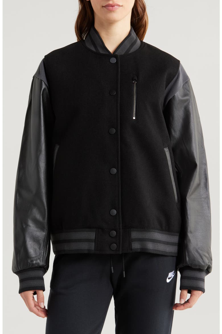 Sportswear Destroyer Leather & Wool Blend Varisty Bomber Jacket, Alternate, color, BLACK/ BLACK/ ANTHRACITE