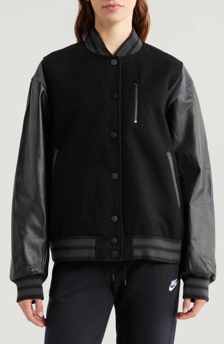 Nike Sportswear Destroyer Leather & Wool Blend Varisty Bomber Jacket, Alternate, color,