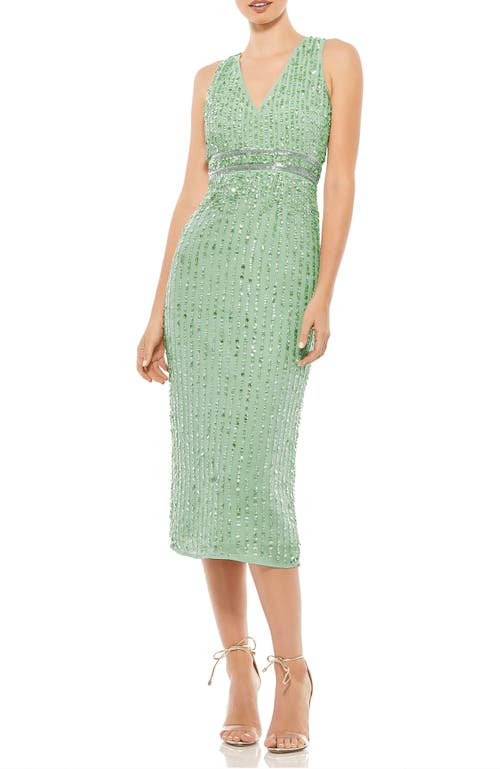 Mac Duggal Sequined Sleeveless V-neck Midi Sheath Dress In Sage