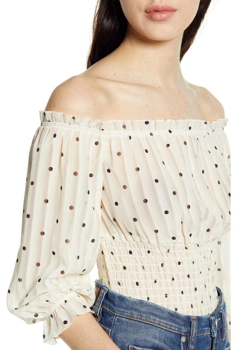 Off the Shoulder Smocked Top, Alternate, color, IVORY BLACK DOT