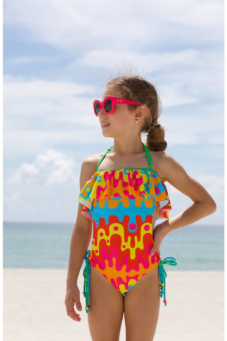 Abstract Lava Flow with Beaded Side Ties One-Piece Swimsuit, Alternate, color, Multicolor