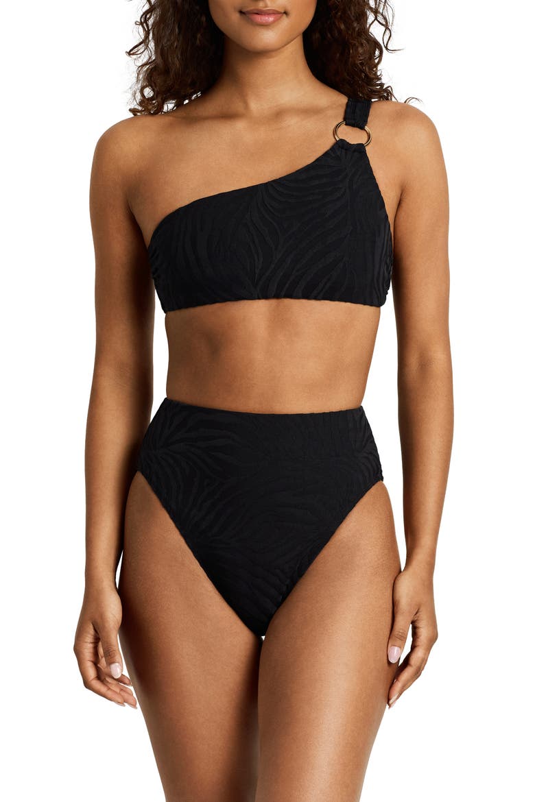 Ring One-Shoulder Bikini Top, Alternate, color, BLACK