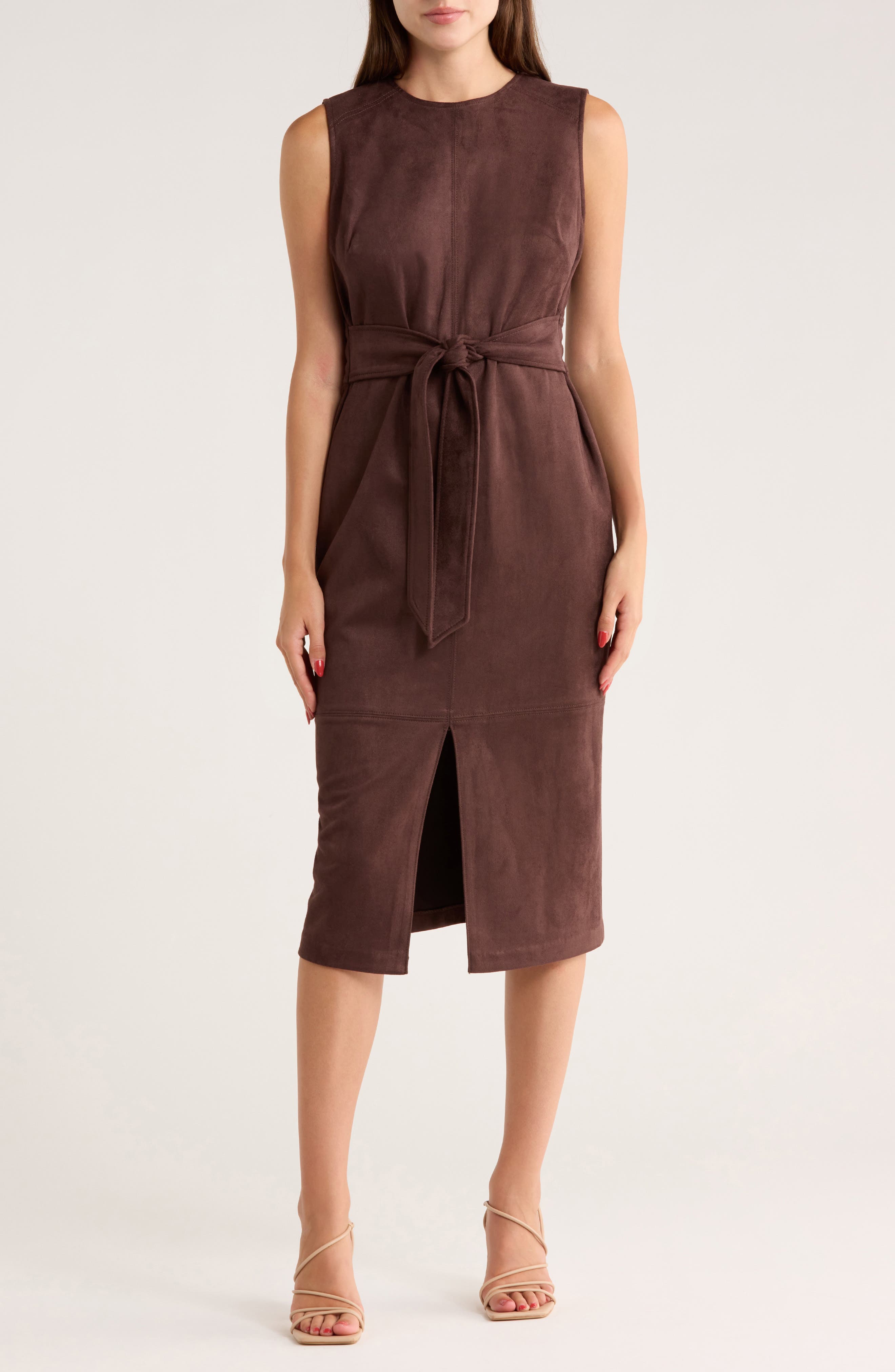 Calvin Klein Belted Faux Suede Midi Sheath Dress