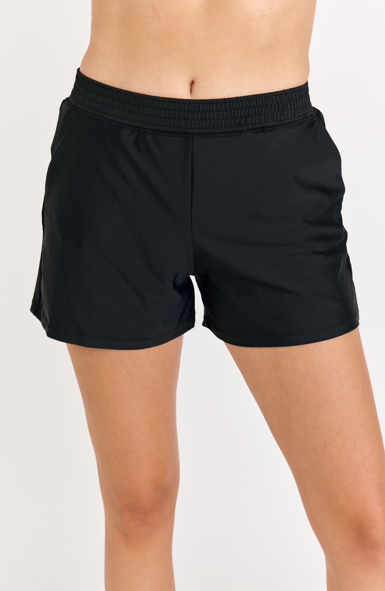 Calypsa Classic Fit Swim Shorts With Panty, Main, color, Black