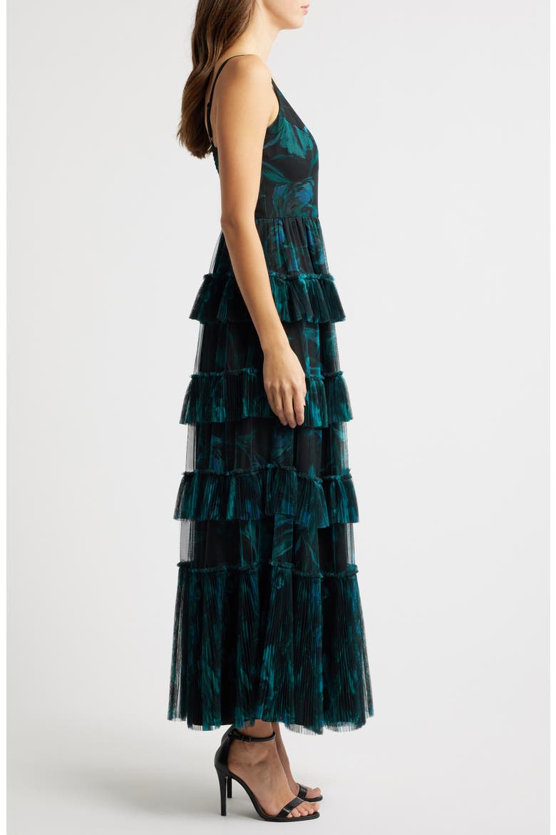 Freya Tulle Plissé Ruffle Gown, Alternate, color, DARK BLUE FLORAL
