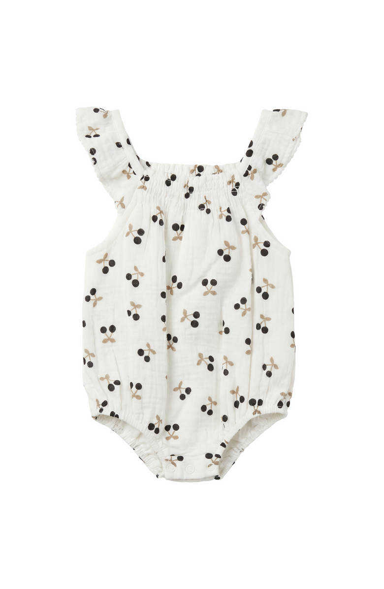 Little Fragile Crinkle Woven Cherry Ruffle Strap Romper, Main, color, White