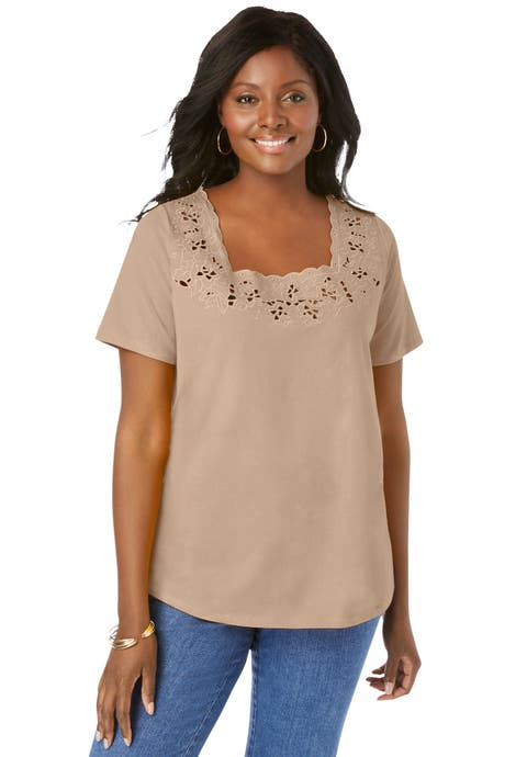 Stretch Cotton Eyelet Cutout Tee (Plus)