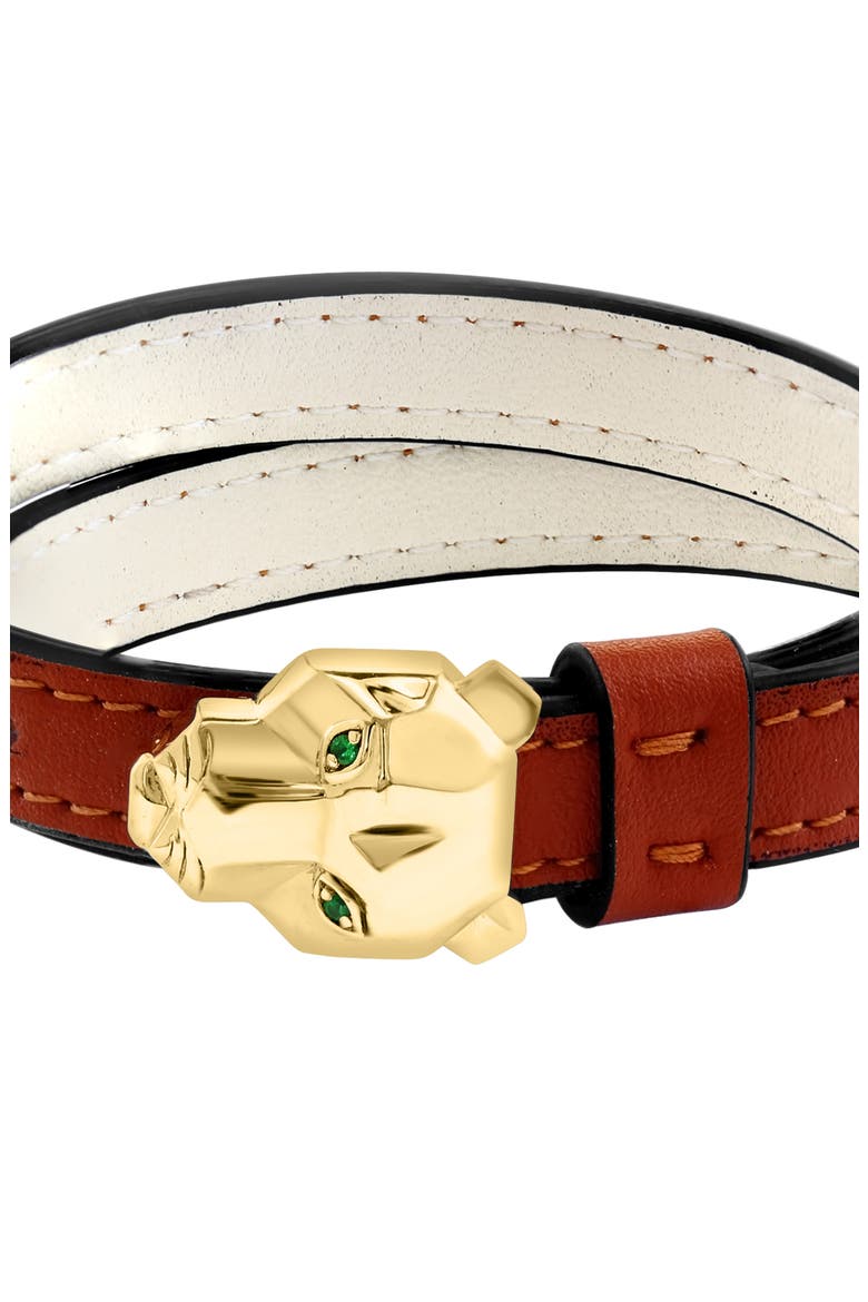 Tsavorite Panther Head Leather Strap Bracelet, Alternate, color, BROWN/ GOLD/ GREEN