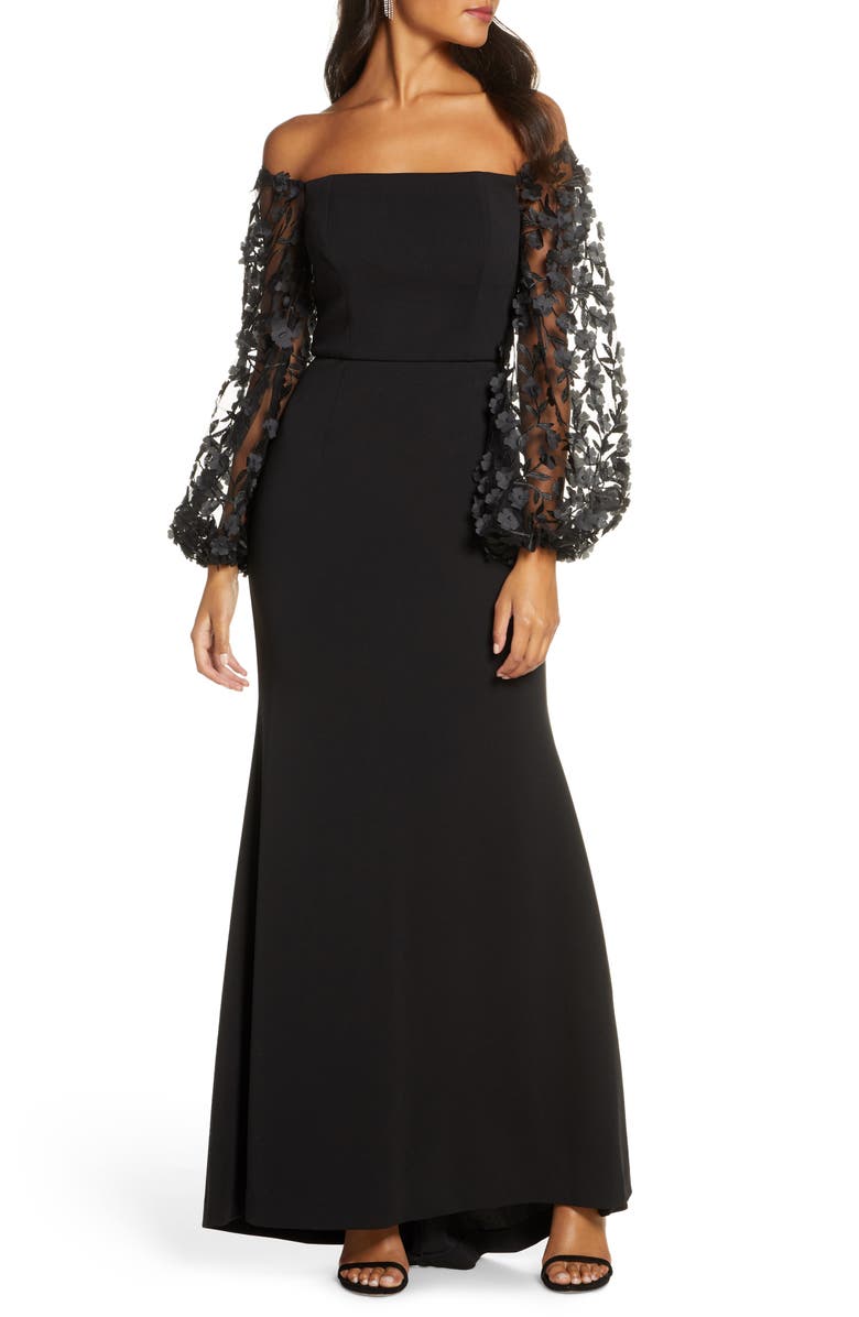 Eliza J Off the Shoulder 3D Floral Sleeve Scuba Crepe Evening Dress, Main, color, 