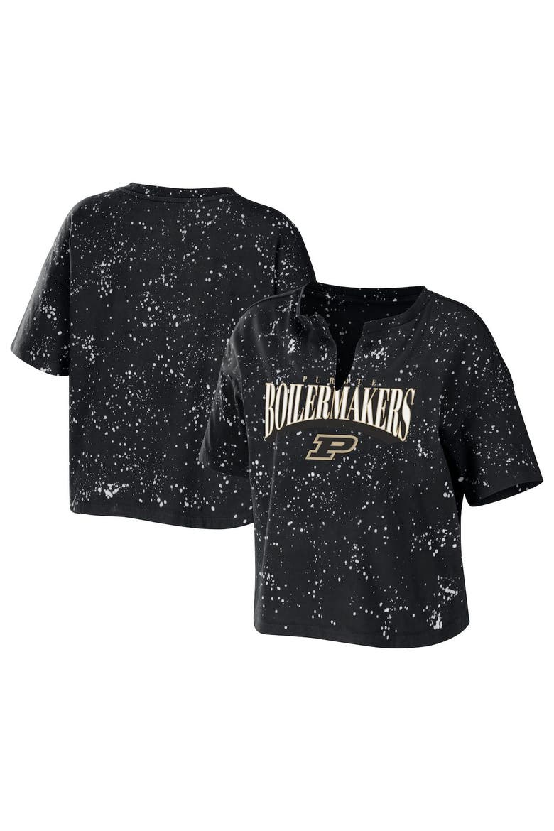 Women's WEAR by Erin Andrews Black Purdue Boilermakers Bleach Wash Splatter Cropped Notch Neck T-Shirt, Main, color, Black