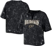 WEAR by Erin Andrews Women's WEAR by Erin Andrews Black Purdue Boilermakers Bleach Wash Splatter Cropped Notch Neck T-Shirt