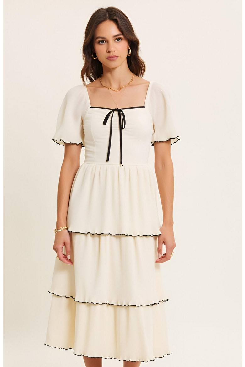Tiered Pleated Midi Dress with Flutter Sleeves and Contrast Trim, Alternate, color, Ivory