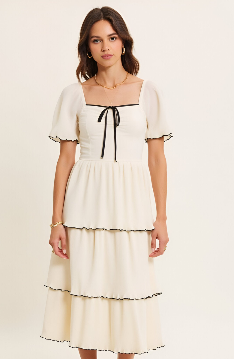 Modenaire Tiered Pleated Midi Dress with Flutter Sleeves and Contrast Trim, Alternate, color, Ivory