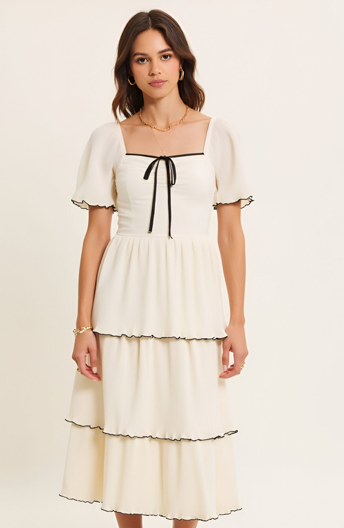 Modenaire Tiered Pleated Midi Dress With Flutter Sleeves And Contrast Trim In White