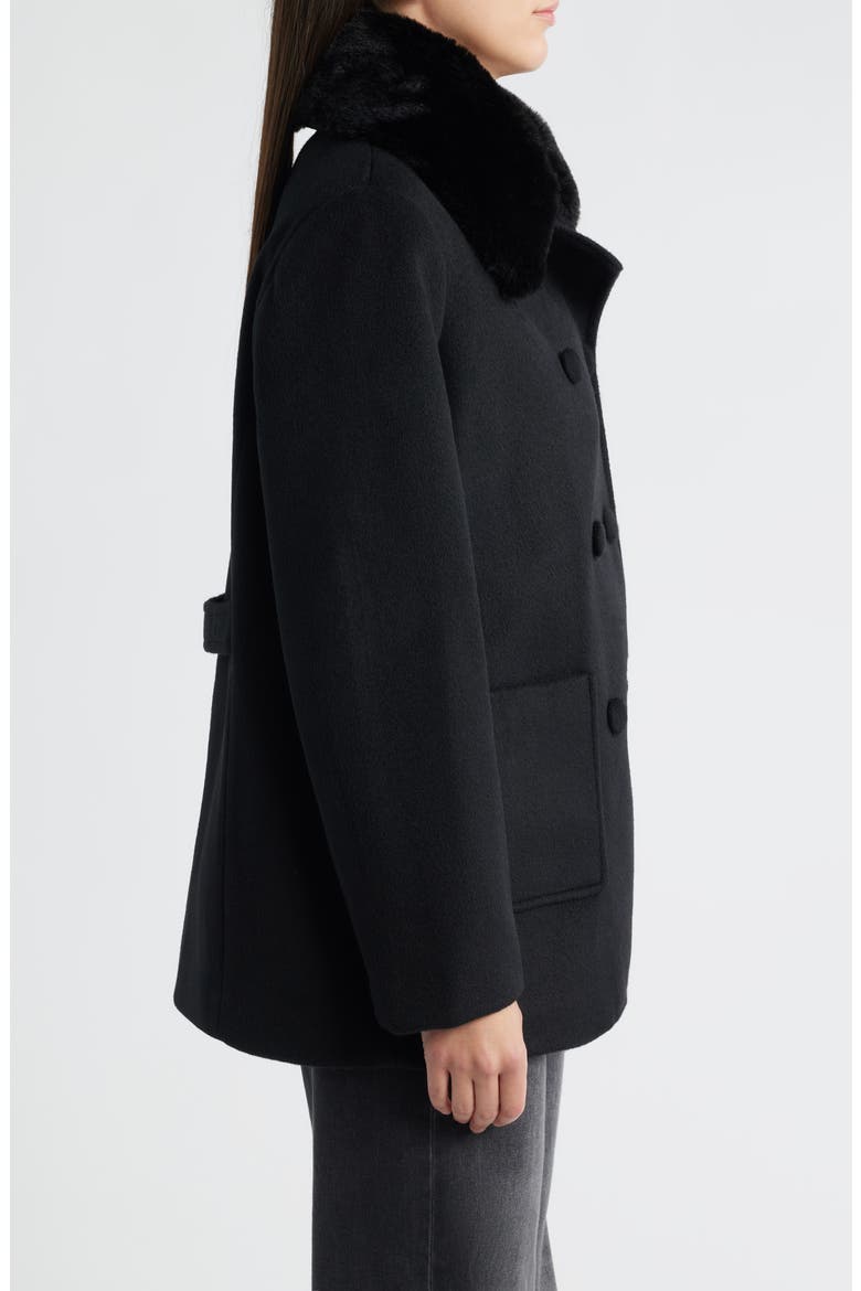 Faux Fur Collar Double Breasted Coat, Alternate, color, BLACK